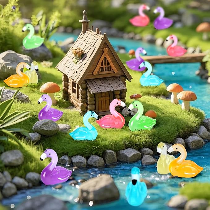 64pcs Luminous Large Mini Resin Flamingo Ducks 8 Colors Glow in The Dark Tiny Small Little Resin Flamingo to Hide Plastic Animal Figures for Micro Fairy Garden Landscape Dollhouse Aquarium Decorations
