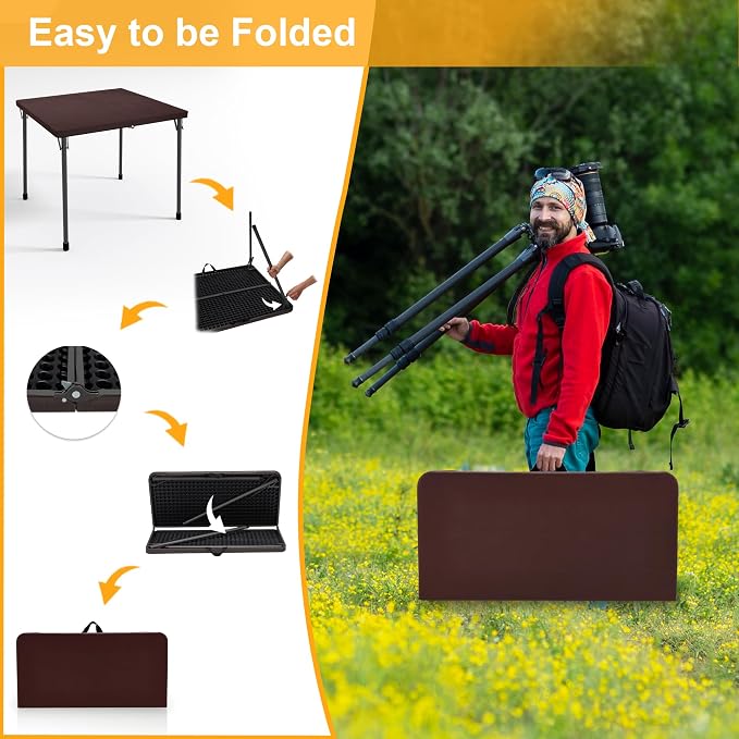 Kasunpul 34" Folding Table, Portable Square Folding Card Table with Collapsible Legs & Carrying Handle, Plastic Tables for Camping,Picnic, Office, Party, Brown