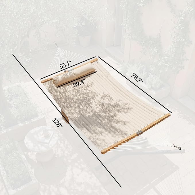 Outsunny Outdoor Hammock, 2-Person Hammock with Head Pillow and Pad, Wood Spreader Bars, 440 lbs Capacity, for Patio Yard Garden, 128" x 55", Cream White