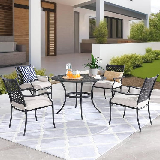 5-Piece Patio Dining Set Heavy Duty Outdoor Dining Furniture Set,Indoor Outdoor Dining Sets with Round Tabletop,4 Stackable Chairs