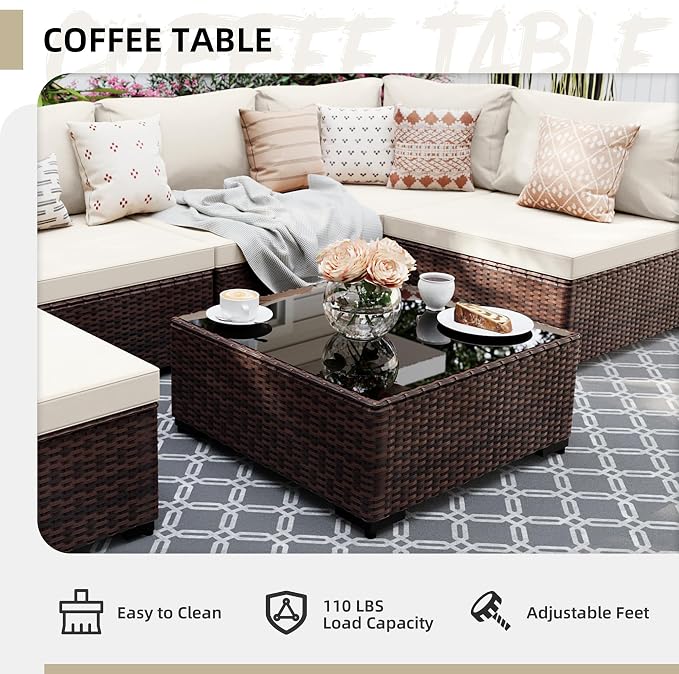 UPHA 9 Pieces Patio Furniture Sets, Wicker Outdoor Sectional Sofa Couch with Rectangle Propane Fire Pit for Deck Backyard Garden, Brown Rattan, White Cushion