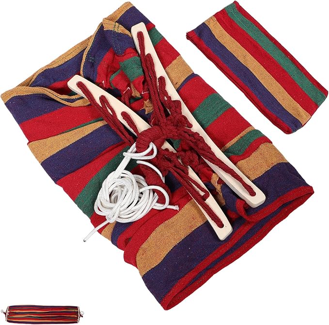 Heavy Duty Single Canvas Hammock 200x80cm with Anti-tip Design for Camping Outdoor Travel, Red Striped Thick Fabric Hanging Bed Suitable for Hiking Backyard and Garden Use