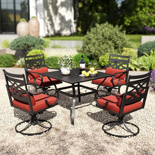 PHI VILLA Patio Dining Set, Swivel Chairs, 37" Square Metal Table | Metal chairs, Red, Umbrella Hole, Cushions, E-coated