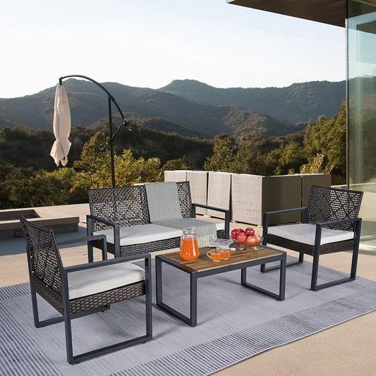 4 Piece Patio Furniture Set, Wicker Rattan Outdoor Furniture with Cushion, Patio Conversation Sets with Chairs Loveseat and Coffee Table for Outdoor, Porch, Yard, Poolside, Balcony, Lawn (Brown)