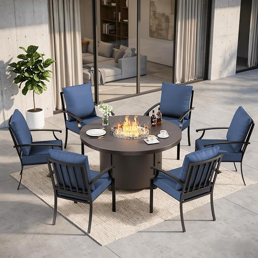 7 Pieces Outdoor Patio Furniture Set with 48" 55000 BTU Round Propane Fire Pit Table,Patio Dining Set Outdoor Conversation Sets 6 Chairs for Deck,Backyard and Garden,Dark Blue