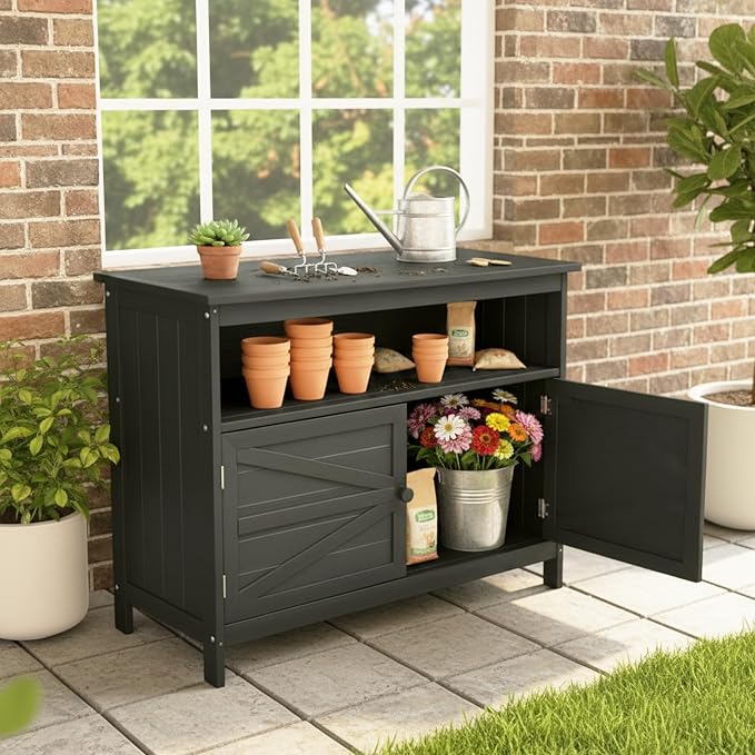 HIPS All-Weather Outdoor Storage Cabinet,Outdoor Sideboard with Magnetic Doors,3-Shelves Patio Storage Cabinet, Used for Garden,Buffet Cabinet,TV Stand, Bar Table,Balcony
