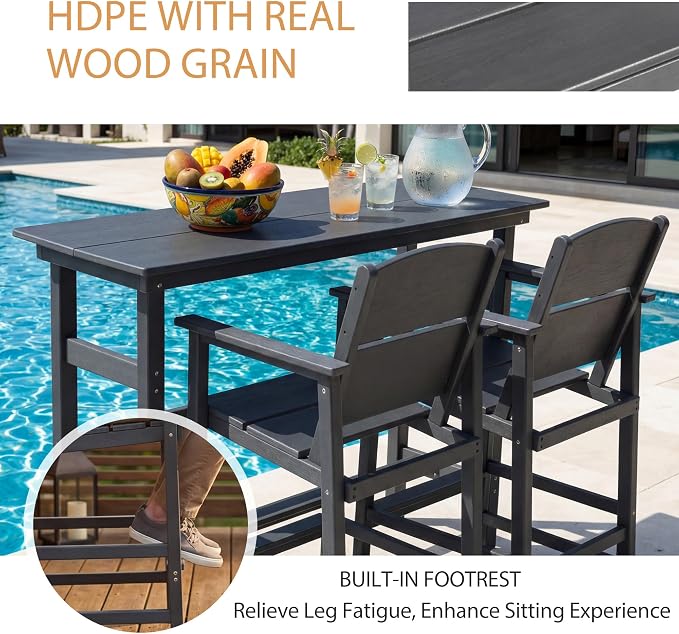 6 Pack Outdoor Bar Stools, HDPE Patio Bar Chairs with Armrests & Footrest, Weather Resistant All-Weather Counter Height Chairs for Outdoor Deck, Backyard, Poolside,Grey