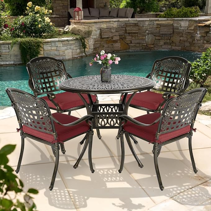 5-Piece Outdoor Patio Dining Set, All-Weather Cast Aluminum Patio Furniture Set for Backyard Garden Deck with 4 Chairs, 4 Cushions and 35.4" Round Table, 2" Umbrella Hole, Red