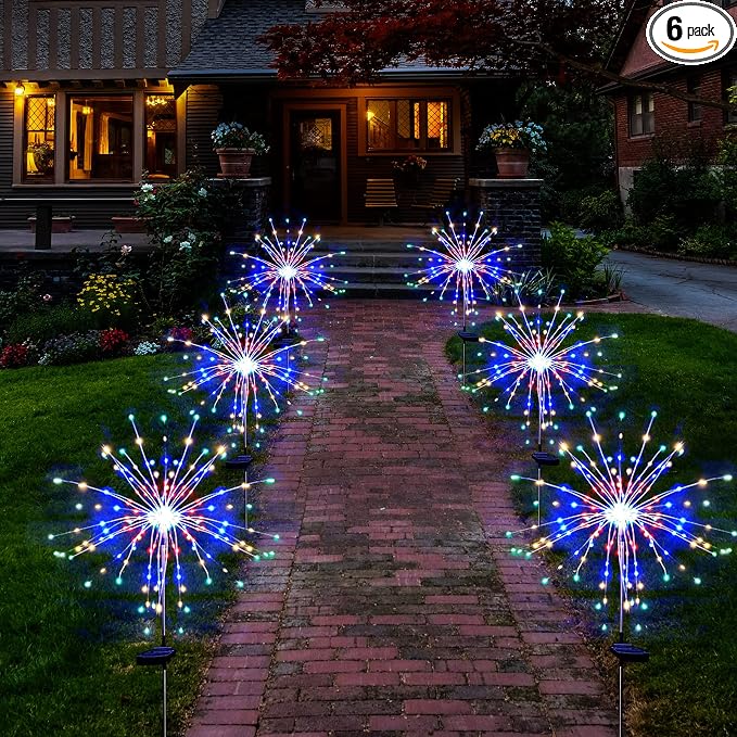 Solar Garden Firework Lights Outdoor Waterproof 6 Pack, 120 LED Sparklers, Colorful, for Patio, Backyard, Sidewalk, Christmas, Parties