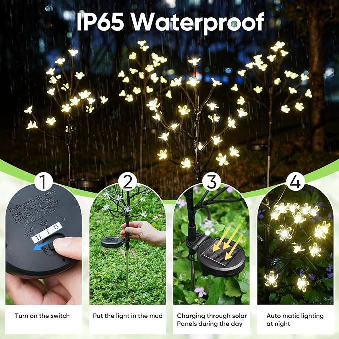 4 Pack Solar Lights Outdoor Waterproof, Garden Lights Solar Flowers | 2 Modes 80LED, Fairy Garden Decor for Outside, Yard, Patio, Pathway, Lawn Decorations, Gardening Gifts for Women Mom