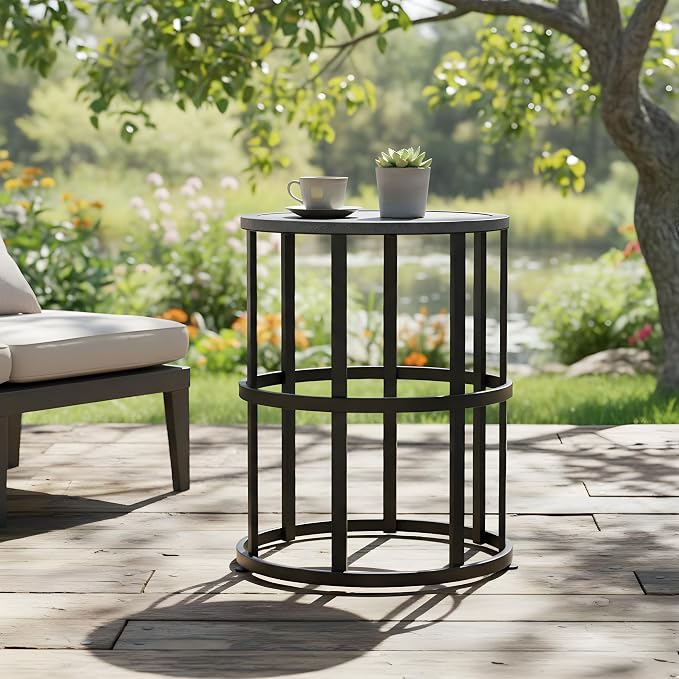 Black Metal Round Patio Side Table, Open Cylinder Slatted Outdoor End Table, Weather Resistant Iron Accent Drink Table for Backyard Garden Porch Poolside, Modern Indoor & Outdoor Pedestal Side Table