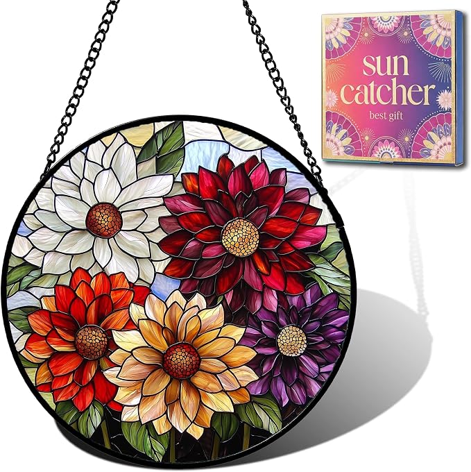 Birthday Gifts for Women - Colorful Flowers Faux Stained Glass Window Hanging Sun Catcher for Door Garden Acrylic Decor Mother's Day Christmas for Mom Nana Grandma Sisters Wife 6.3"