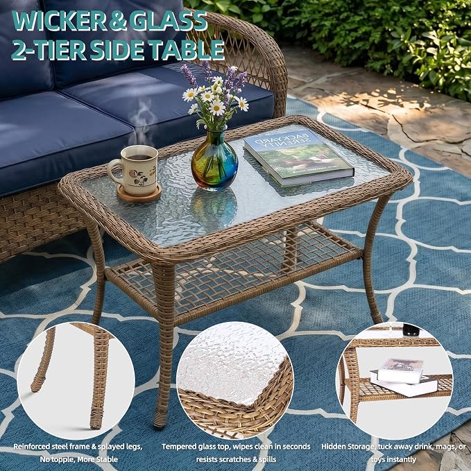 MEETWARM Outdoor Wicker Patio Glider Set, Loveseat for 2 Person Porch Furniture Glider with Glass-Top Coffee Table, Patio Glider Rocking Bench with Thickened Cushions, Navy Blue