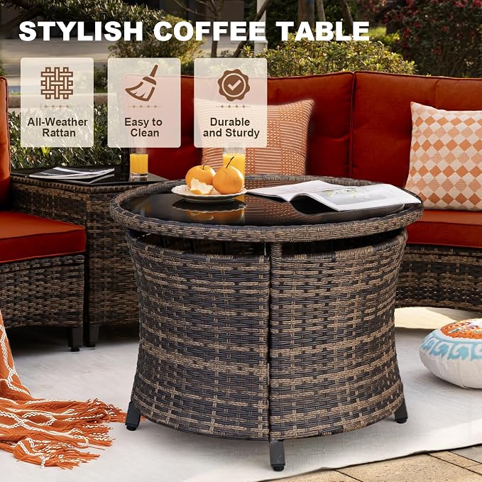 MEISSALIVVE 9-Piece Half-Moon Curved Outdoor Patio Furniture Set, Sectional Conversation Sofa with 2 Swivel Glider Chairs, Round Coffee Table for Backyard Deck Garden, Red