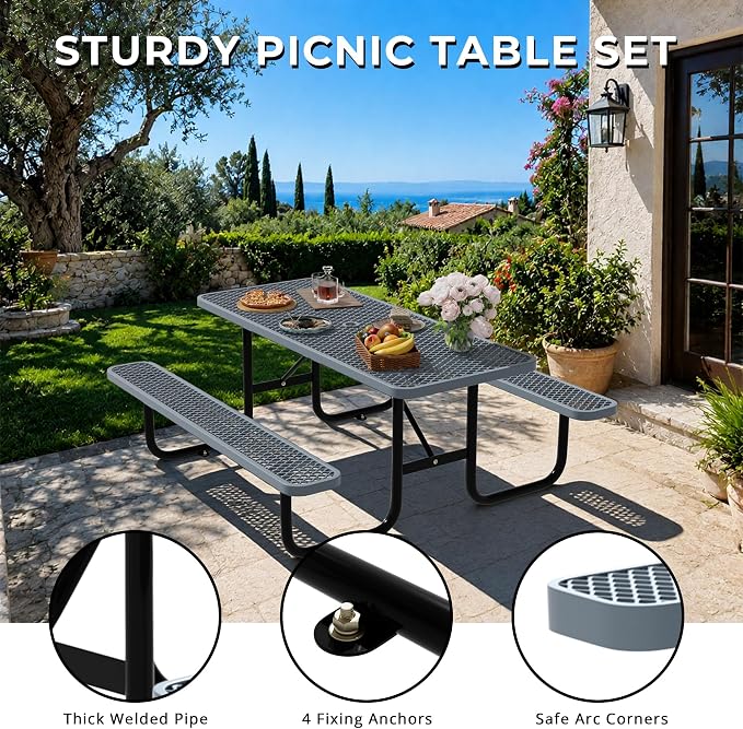 6FT Rectangular Steel Outdoor Picnic Table, Commercial Picnic Table Bench Set with Umbrella Hole, Weather-Resistant Heavy Duty School Dining Table for Stores, Park, Patio, Garden, Backyard, Grey