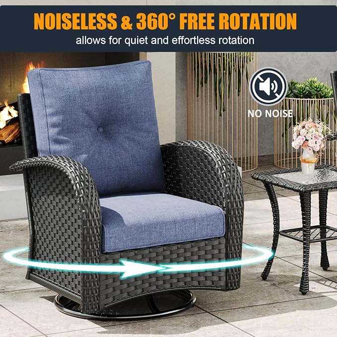 5 Pieces Outdoor Wicker Patio Swivel Rocking Chairs, All Weather Wicker Conversation Set with 44" Fire Pit Table
