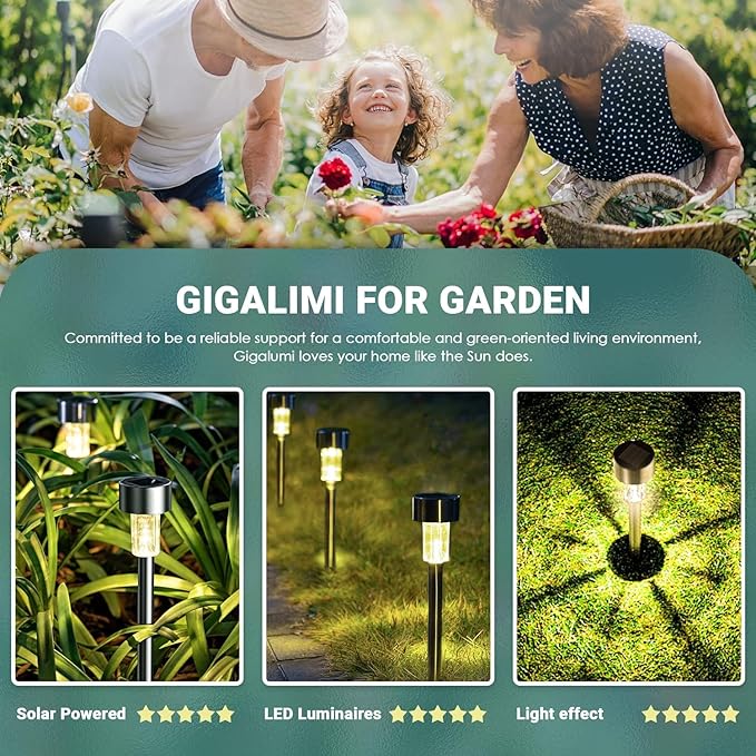 GIGALUMI 16 Pack Solar Lights Outdoor Waterproof, Stainless Steel | Solar Pathway Lights, Solar Garden Lights for Patio, Lawn, Yard and Landscape LED (Warm White)