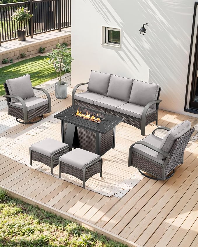 HUMMUH Patio Conversation Sets with Fire Pit-All Weather Wicker Outdoor Swivel Chair with Patio Couch Outdoor Patio Furniture for Deck Porch Garden Poolside Backyard-Brown/Grey