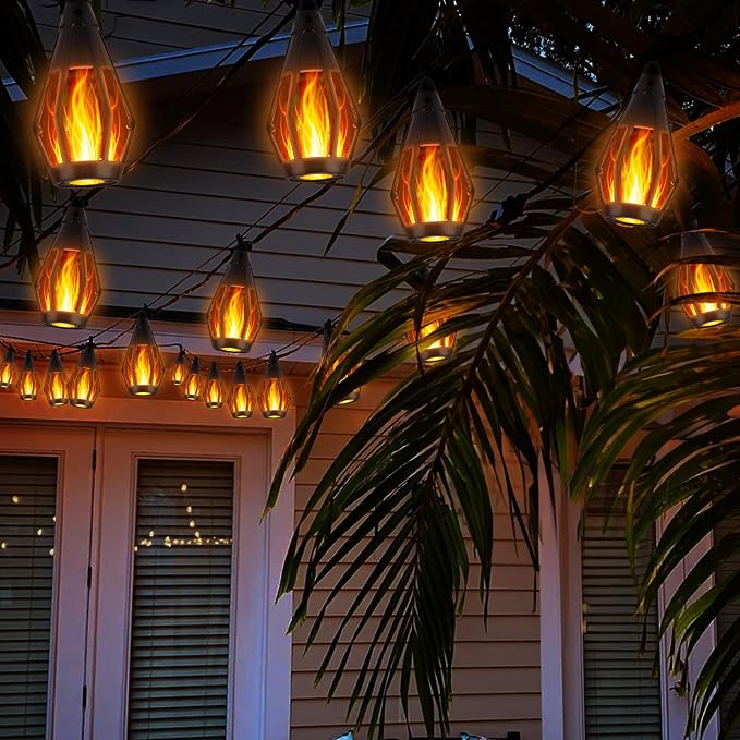 iBaycon Solar Flame String Lights, 27FT 10 LED Bulbs Waterproof, Warm White | Ultra-Real Flickering Flame Lamp Outdoor Waterproof, Solar Patio String Lights for Garden Yard Lawn Decorations