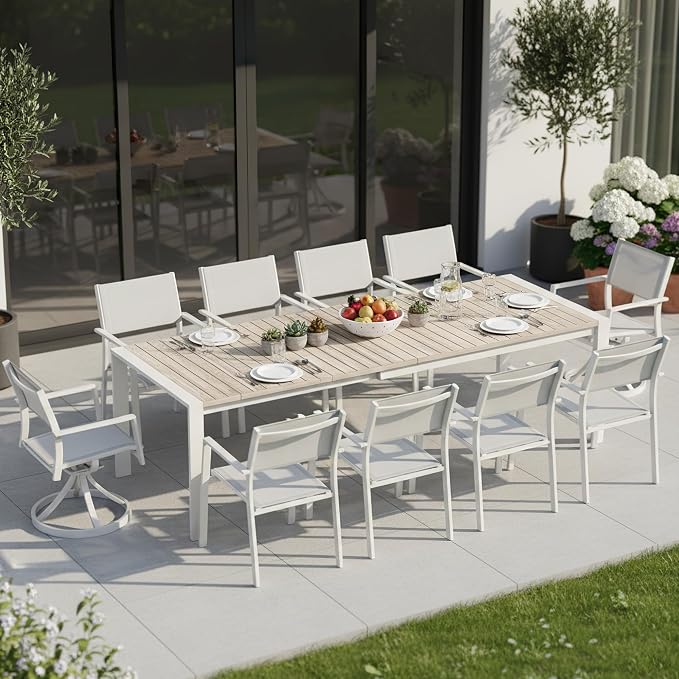 Outdoor Patio Furniture Set 11 Piece, Outdoor Dining Set with Extendable Patio Dining Table, 2 Aluminum Patio Swivel Chairs & 8 Patio Dining Chairs with Armrest for Garden Lawn Deck