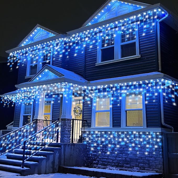 Blue and White Christmas Lights 66ft 640 LED Icicle Lights for Outside | Clear Wire Connectable Twinkle Lights with 8 Modes Timer Waterproof for House Window Party Tree Holiday Patio Yard Home Decor
