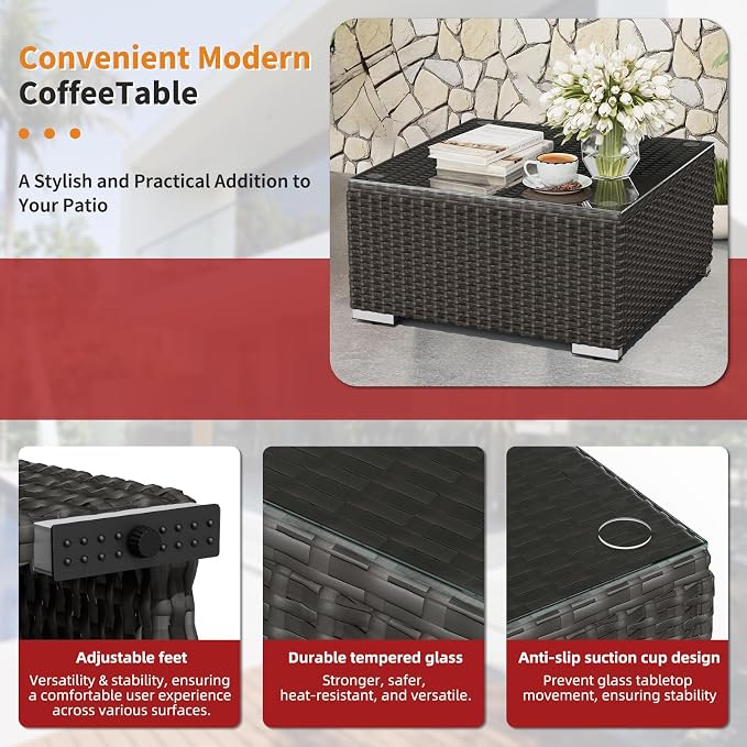 Oakcloud 7-Piece Outdoor Patio Furniture Black Rattan Wicker Sectional Sofa Conversation Set with Glass Top Table and Cushions (Red)