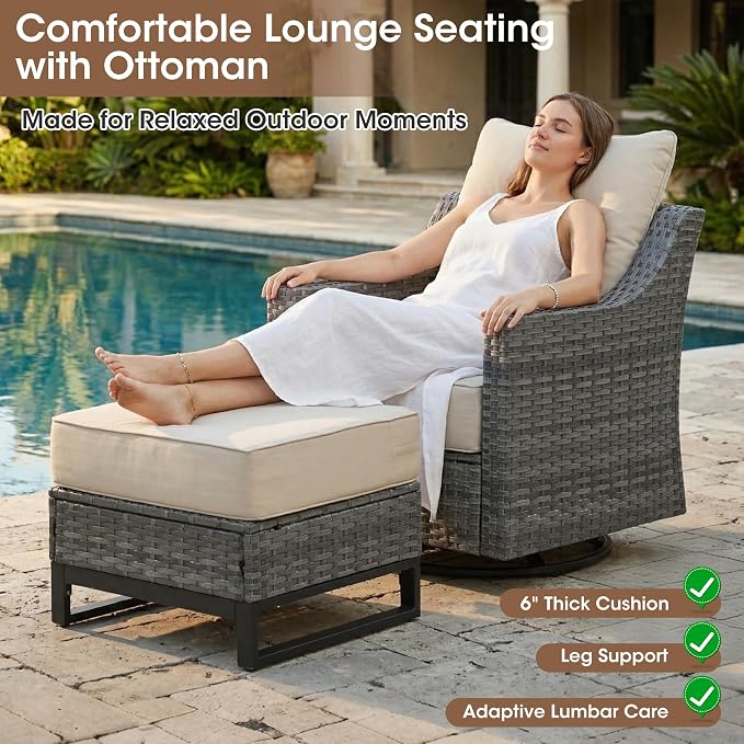 6 Piece Patio Furniture Set, Grey Wicker Outdoor Conversation Set with 2 Swivel Rocker Chairs, 2 Ottomans and 2 Sofas, 6-Inch Thick Cushions, Beige Olefin Covers for Patio and Porch