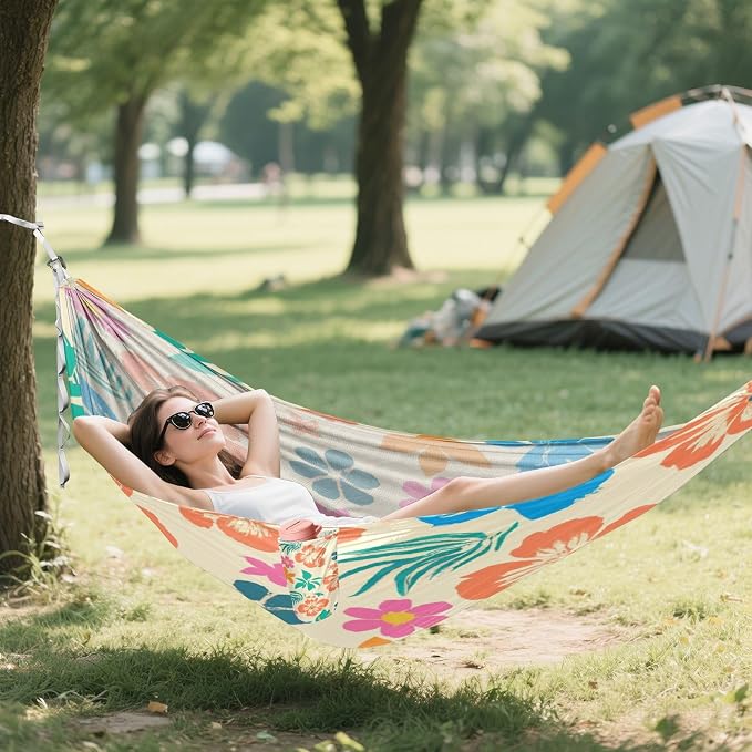 Flowers Camping Hammock, Portable Lightweight Single Hammock with Tree Straps and Aluminum Carabiners, 114" x 54" Travel Hammock for Hiking Backpacking Beach