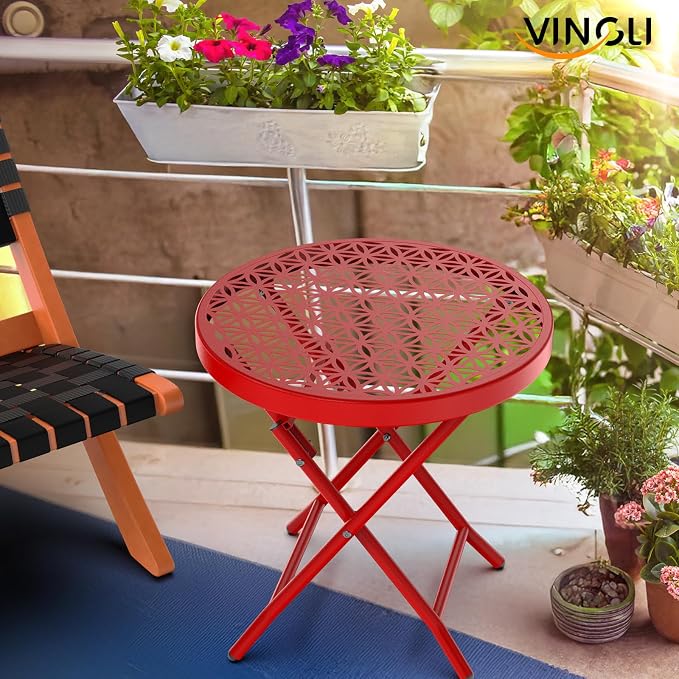 VINGLI Patio Folding Side Table, Small Outdoor Table with Everlasting Floral Pattern and Sturdy X-Shaped Metal Frame Ideal for Indoor & Outdoor Balcony, Porch, Backyard, Deck, Red, 1 Pack