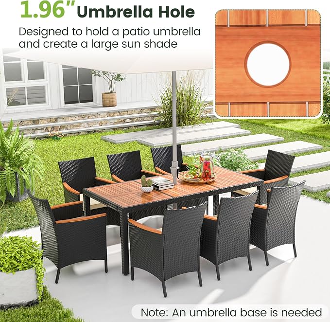 KOTEK 9 Piece Outdoor Dining Set, Rattan Patio Dining Table and Chairs Set for 8 with 1.96'' Umbrella Hole and Seat Cushions, Wicker Patio Dining Set for Deck, Backyard