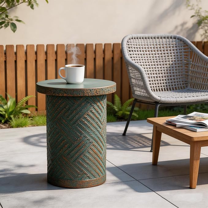17INCH Stone Side Table,Round Faux Marble Side Table,Modern Small Stone End Table for Balcony (Green-17-7)