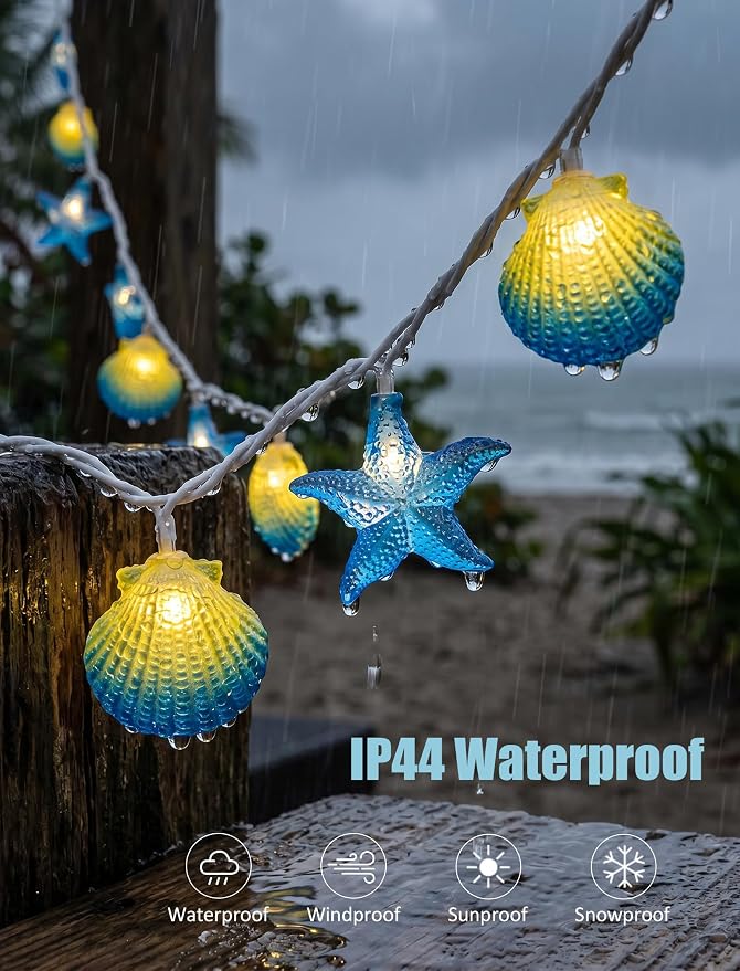 8.5Ft Beach Themed Seashell String Lights, 10L LED Starfish Seashell Lights | Plug in for Boho Coastal Bedroom Seashell Party Nautical Party Holiday Decor, Indoor Outdoor