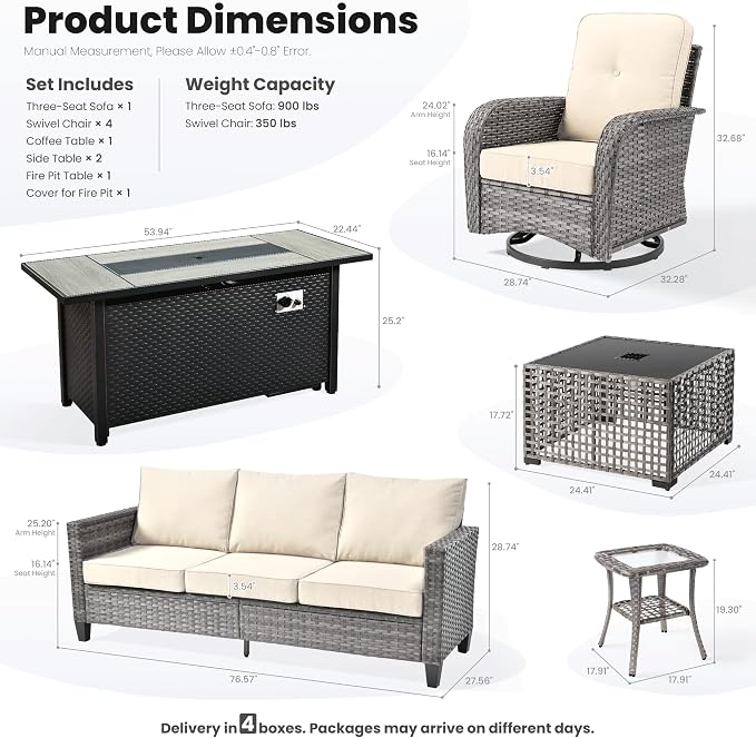 ovios 9 Pieces Patio Furniture Set, Outdoor Wicker Sofa Couch with Swivel Glider Chairs Fire Pit Table, Modern Deep Seat Rattan Conversation Sets for Deck Porch, Beige