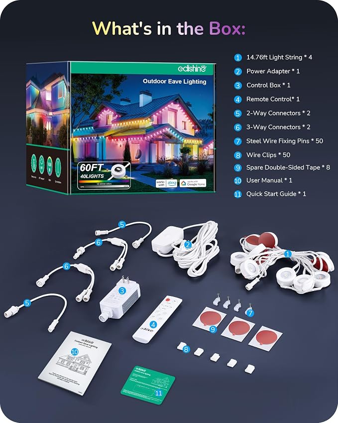 EDISHINE 60FT IP67 Waterproof Smart Outdoor Permanent Lights, RGBW | Voice/App/Remote Control, 50 Scene Modes, 2200K & 8000K, 50LM Each, LED Lights for Daily and Accent Lighting