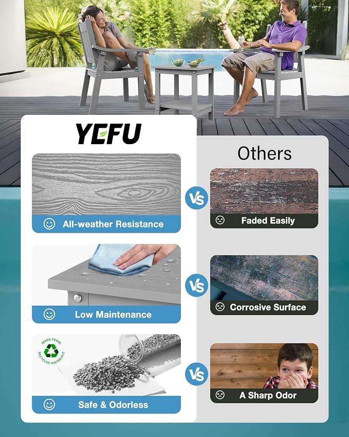 YEFU Outdoor Side Table for Patio: 16x16 in HIPS Small Square Outdoor End Table - 2-Tier Adirondack Tables for Patio Porch Poolside Living Room Beach Bedroom, Grey
