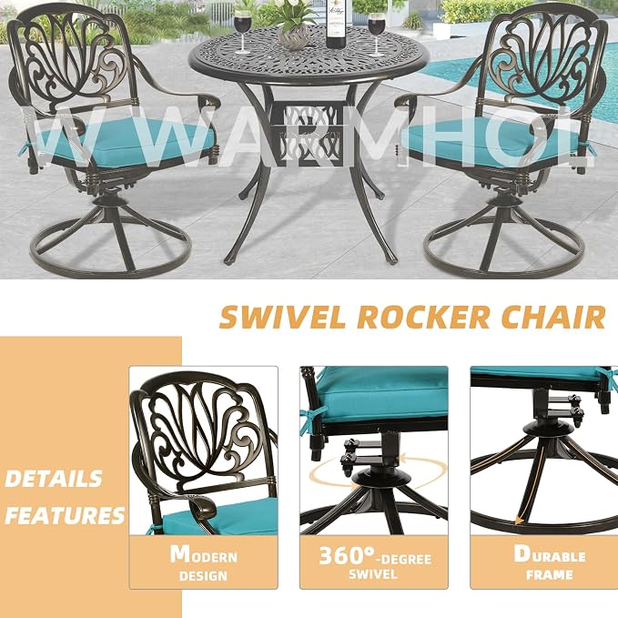 3-Piece Outdoor Patio Dining Set, All-Weather Cast Aluminum Patio Furniture Set for Backyard Garden Deck with 2 Swivel Cushioned Chairs and 35.4” Round Table, 2" Umbrella Hole, Ocean Blue