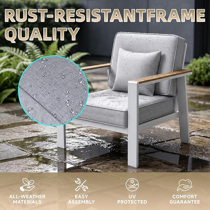 Premium Aluminum Patio Furniture Set 4 Piece,Outdoor Conversation Set with Wide Armrest,5" Thick Cushions, Olefin Fabric,Rustproof Metal Frame,Deep Seating Patio Sofa Set for Backyard,Deck,villa,White