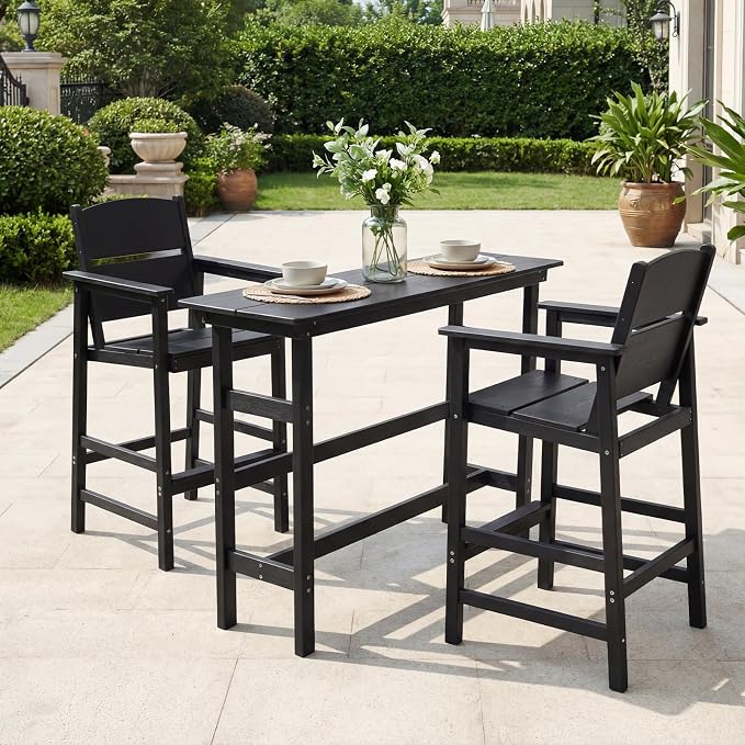 HDPE Outdoor Bar Chairs Set of 2, 28.5" Seat Height Bar Height Patio Stools with Armrest & Back, Heavy Duty All Weather High Top Chairs for Porch/Poolside/Deck, 400lb Capacity, Black