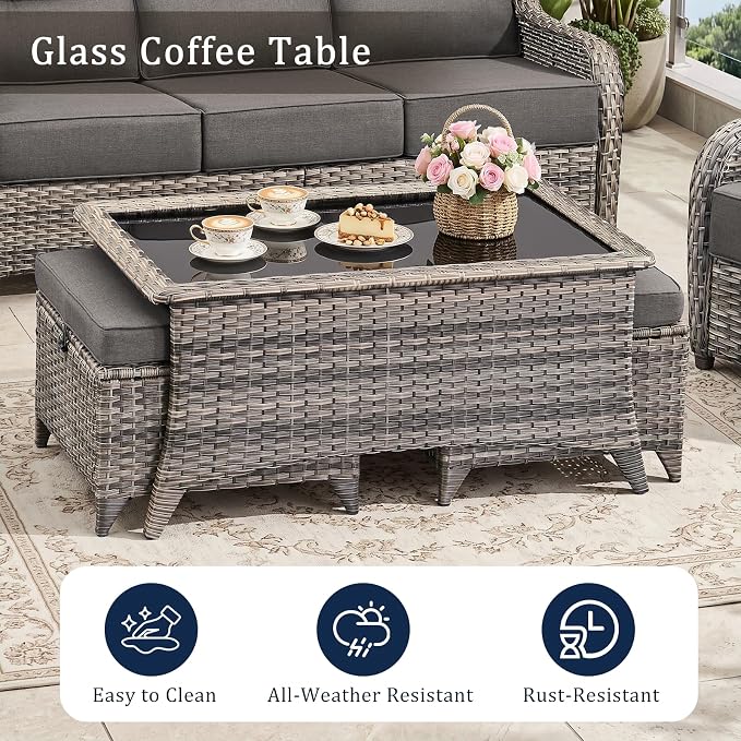 Luxury 6" Thick Cushion 9 Pieces Wicker Patio Furniture Set with High Back Swivel Rocker Chairs, Outdoor Conversation Set with Patio Couch for Deck Porch Yard and Poolside
