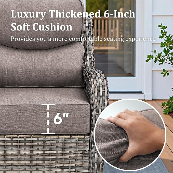 Luxury High Back Patio Furniture Set with 6-Inch Thick Cushions, 5-Pieces Outdoor Furniture with Swivel Chairs, Wicker Conversation Set for Porch, Balcony, Deck and Yard, Grey
