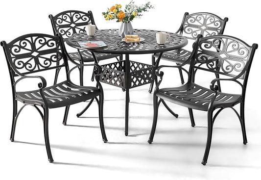 NUU GARDEN 5 Pieces Outdoor Patio Dining Set, 42" Round Cast Aluminum Dining Table with 2.24" Umbrella Hole and All-Weather 4 Outdoor Patio Dining Chairs for Patio, Garden, Backyard, Balcony, Bronze