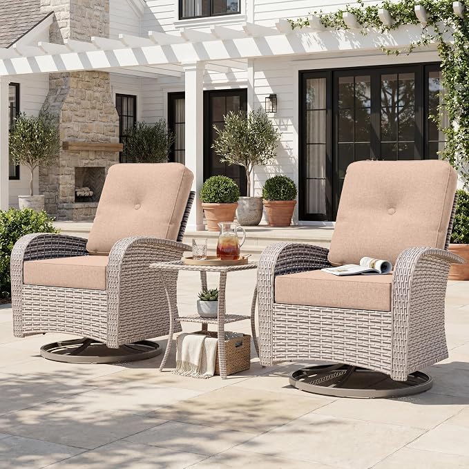 Patio Wicker Chairs Swivel Rocker, Outdoor Swivel Glider Rocker Chairs with Rattan Side Table, All Weather Conversation Set for Porch Poolside Balcony,Beige