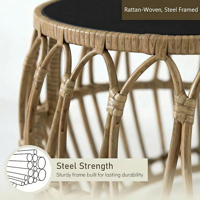Solar Outdoor Side Table Set of 2, Boho Nesting Tables with Integrated Lighting, Round Rattan Coffee Tables for Patio, Balcony, Poolside & Porch