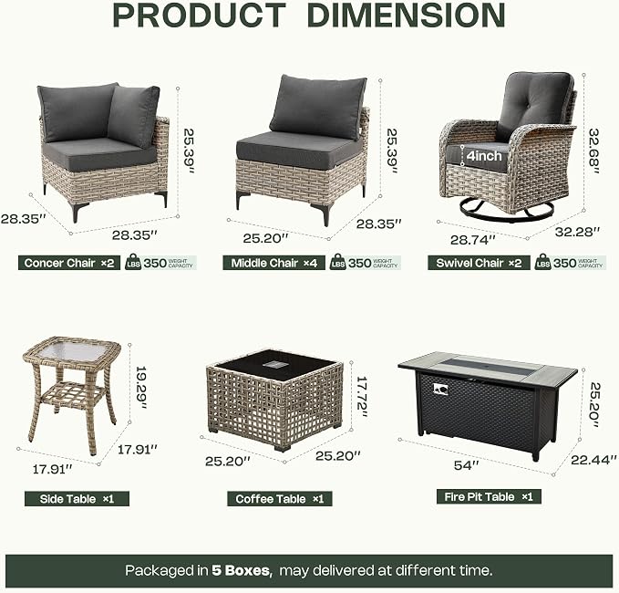 11 Piece Patio Furniture Set Outdoor Sectional with 54" Fire Pit Table, Wicker Swivel Rocking Chairs and L-Shaped Rattan Couch, Modular Conversation Set with Solar Coffee Table for Backyard, Black