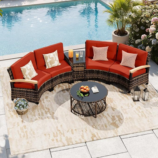 MEISSALIVVE 6-Piece Half-Moon Curved Outdoor Patio Furniture Set, Sectional Conversation Sofa with Wood Armrests, Coffee & Side Tables for Backyard Deck Garden, Red