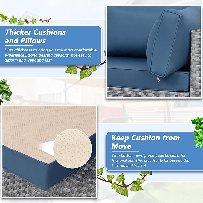 5 Piece Outdoor Patio Furniture Set,Silver PE Rattan Wicker Sectional Sofa, All Weather Conversation Set with Washable Cushions & Glass Coffee Table for Backyard Poolside Garden Porch,Navy Blue
