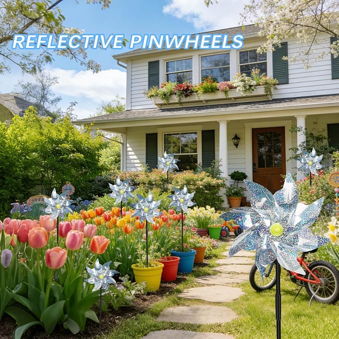 18 Pack Reflective Pinwheels for Yard and Garden,Scare Birds Away for Garden Decor,Bird Scare Devices Deterrent to Scare Birds,Keep Birds Away (Assembly Required)