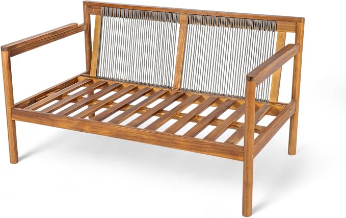 Christopher Knight Home Vorms Outdoor Loveseat with Coffee Table, 2-Piece Acacia Wood Patio Furniture Set with Rope Backrest, Patio Conversation Chat Sets for Backyard Balcony, Teak+Cream