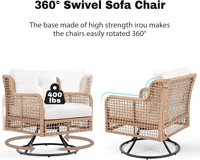 4 Piece Outdoor Furniture Set with Swivel Chair, High Back Wicker Rattan Sofa with Coffee Table for 5 People, Sectional Conversation Set for Patio Poolside Backyard Deck, Beige