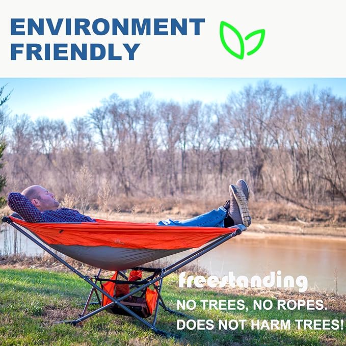 Portable Hammock with Stand, World's Best Mock ONE® Hammock, Compact Folding Framed Hammock with Adjustable Sunshade Canopy for Park, Backyard, Garden, Camping, Hiking, Mountaineering, Beaches- Orange